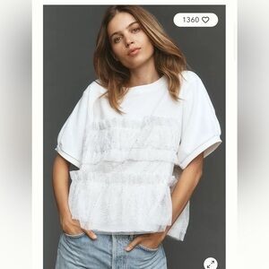 Anthropologie White Short Sleeve Tee with Ruffle Detail